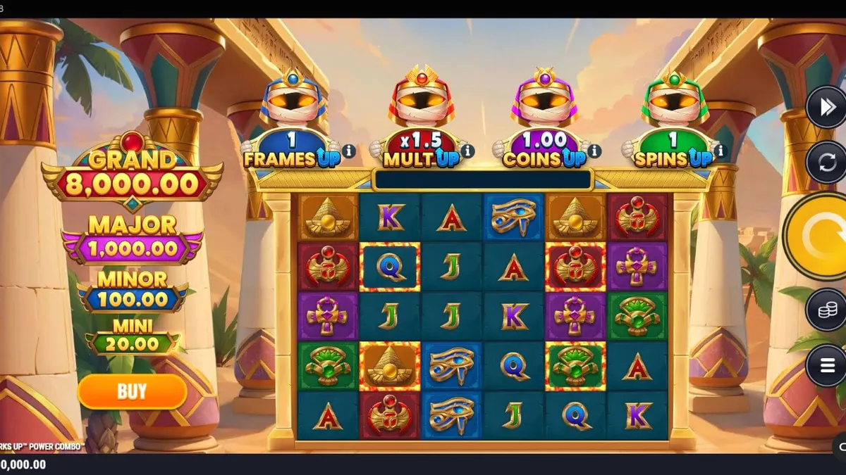 Tampilan visual slot Mummy Mania Perks Up Power Combo dengan empat mumi penguasa di atas gulungan.