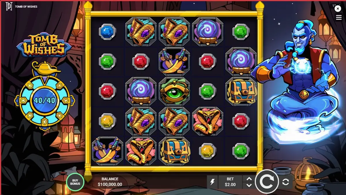 Tampilan visual slot Tomb of Wishes dengan latar belakang ruang harta karun Arab.
