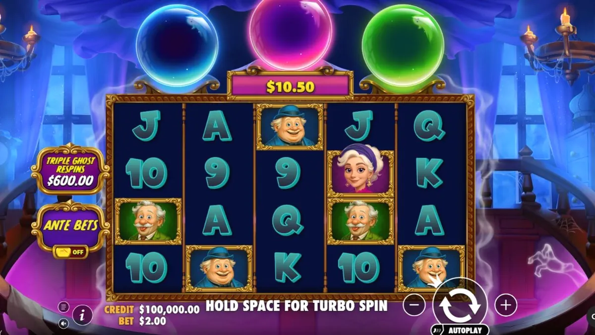 Tampilan visual slot Great Ghosts dengan tema rumah hantu kartun