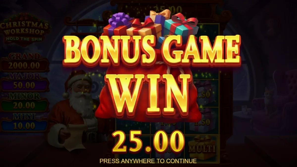 Tampilan visual slot Christmas Workshop: Hold The Spin dengan tema bengkel Santa yang meriah.