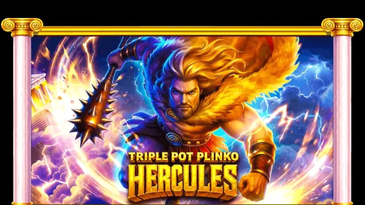 Tampilan visual slot Triple Pot Plinko – Hercules dengan latar belakang Gunung Olympus yang megah